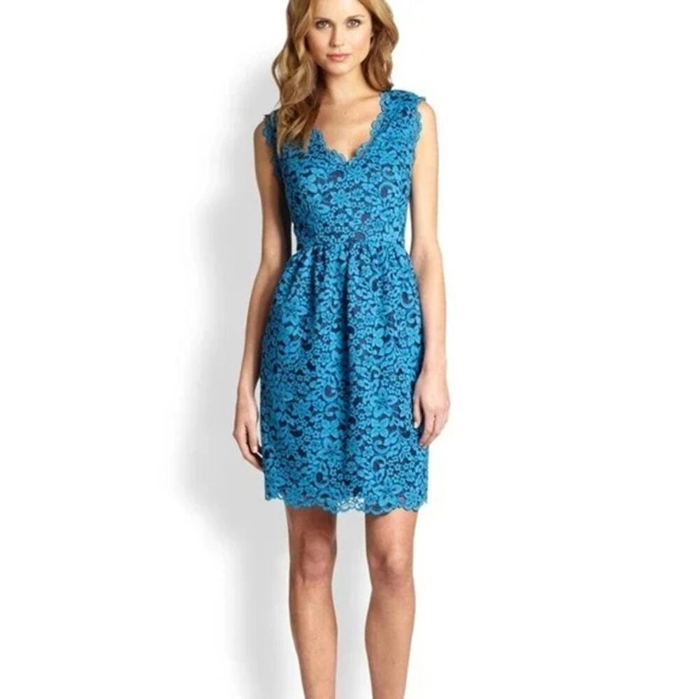 DESIGNER DRESS - Shoshanna - Lace  sz 4 midi fit flare floral black teal formal